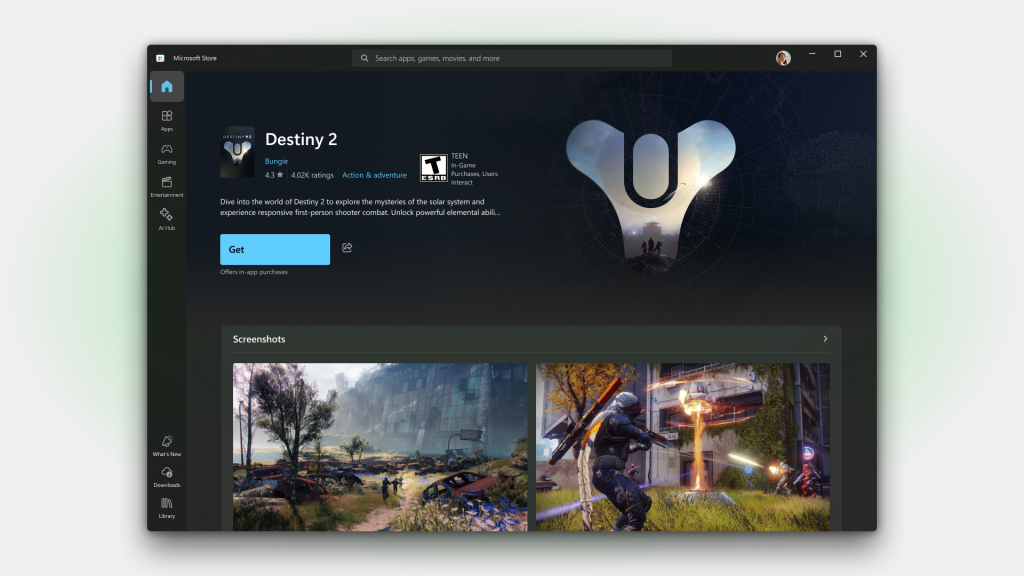 Інтерфейс сторінки продукту з великими скріншотами продукту та текстом, що накладається на фон трейлера