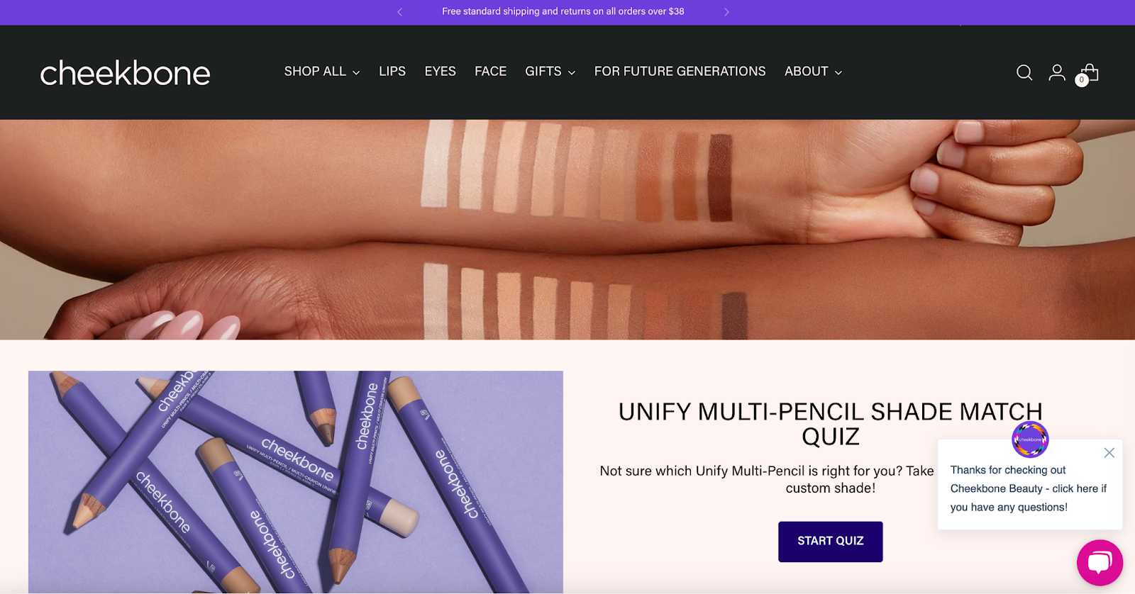 Домашня сторінка Cheekbone Beauty із тестом на підбір відтінків олівця.