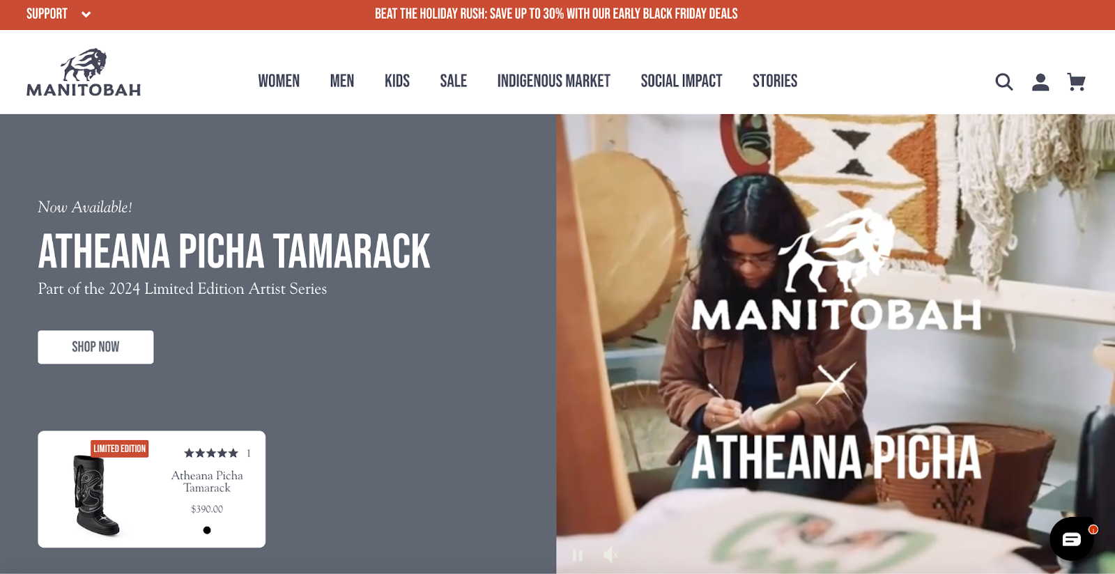 Домашня сторінка Manitobah Mukluks із відео на половині банера героя.