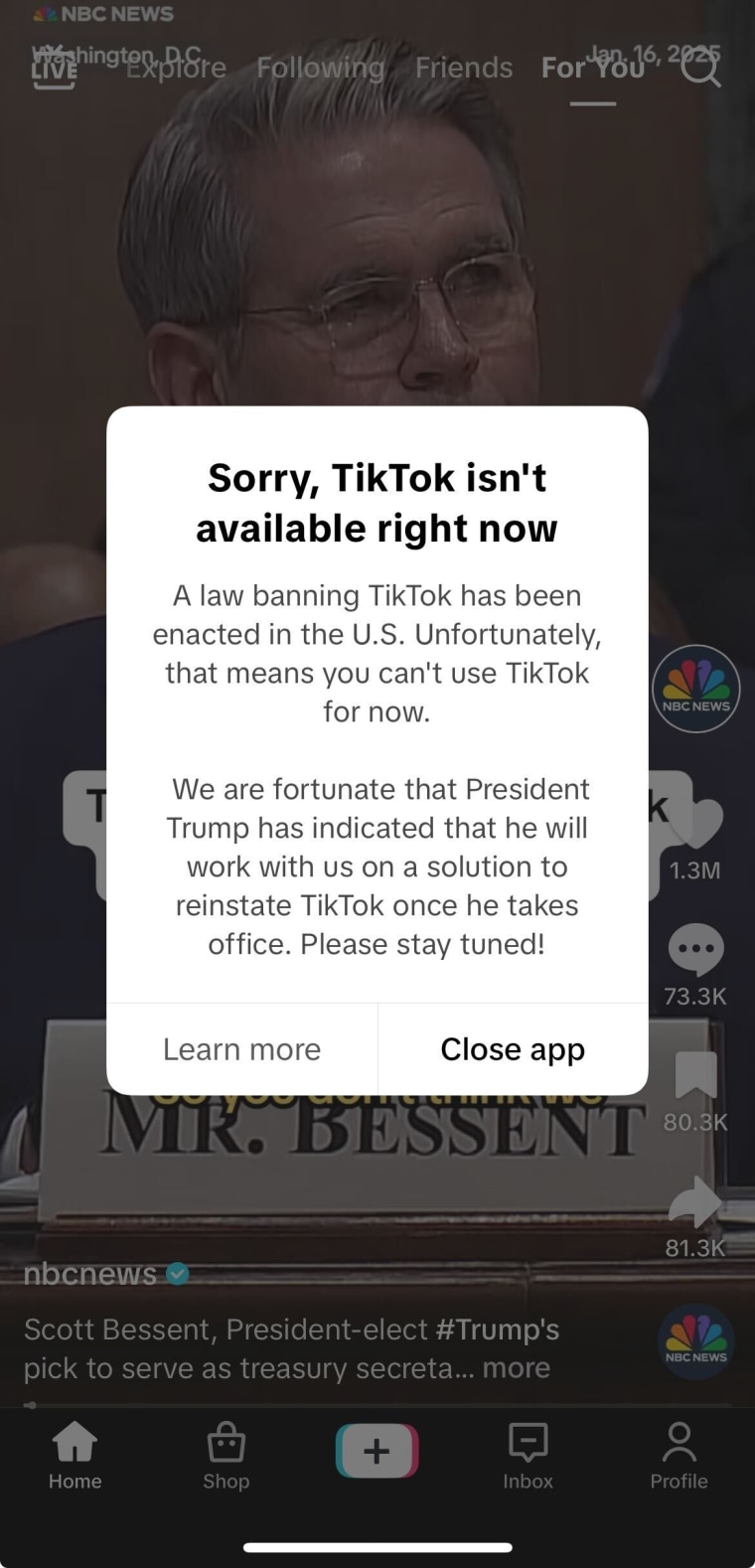 Зображення: повідомлення, яке користувачі TikTok отримують, коли намагаються скористатися додатком 18 січня 2025 року.