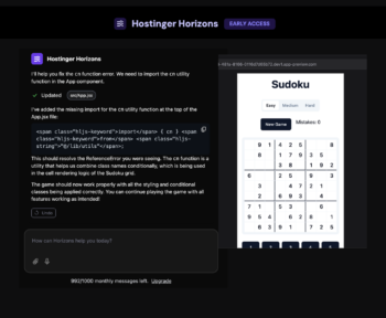 Зустріньте Hostinger Horizons: інструмент AI без коду, який дозволяє створювати, редагувати та публікувати власні веб-програми, не пишучи жодного рядка коду