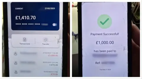 Джон Реддок композит з двох фотографій. Фото ліворуч - телефон Scammers з відкритою фальшивою банківською програмою. Він відображає фальшивий баланс банку в розмірі 1410 фунтів стерлінгів та ряд транзакцій під ним. На фотографії праворуч, також підробленого додатка для банкінгу, показано успішне повідомлення про оплату із зеленим галочкою з іменем одержувача та сумою 1000 фунтів стерлінгів.