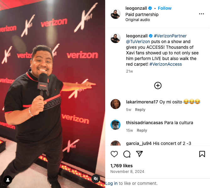 Повідомлення Instagram від Лео Гонсалеса на концертній серії VerizonAccess