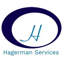 Це логотип для служб Hagerman. Він має темну темно -синю овальну форму з білим інтер’єром. Всередині овалу є стилізований "H" У ситному або бірюзовому кольорі, який, здається, написаний елегантним, скороченим або шрифтом у стилі сценарію. Внизу O
