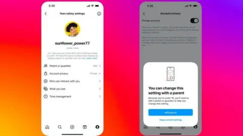 Instagram дві ілюстративні графіки з Instagram показують, як деяким підліткам на платформі буде запропоновано додати батьків або опікуна до свого облікового запису, якщо вони спробують змінити налаштування конфіденційності за замовчуванням. Перший показує опцію Додати батька або опікуна на "Налаштування безпеки підлітків" меню. Другий показує сповіщення, яке вискакує, щоб повідомити користувачеві, який намагається вимкнути налаштування приватного облікового запису за замовчуванням."Ви можете змінити це налаштування з батьком" Там сказано, що виділяє кнопку, що дозволяє користувачеві додати батьків або зберегти їх поточне налаштування.