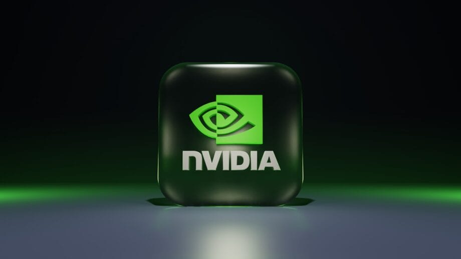 3D-показаний значок логотипу NVIDIA із зеленими та чорними кольорами, зосередженим на градієнтному тлі.