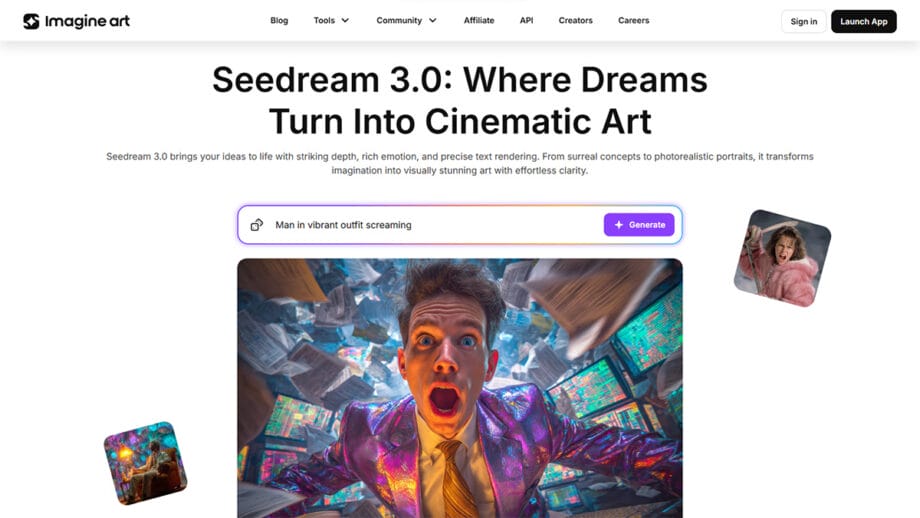 Сторінка веб-сайту під назвою Seedream 3.0, на якій показано людину в блискучому вбранні, що кричить, сприяючи кінематографічному мистецтву, що генерується AI.