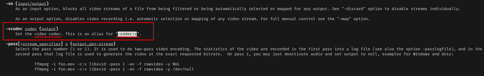 У вікні терміналу відображається довідкова сторінка для команди FFmpeg. На екрані виділено опцію кодека, і вказано, що літера v означає відео.