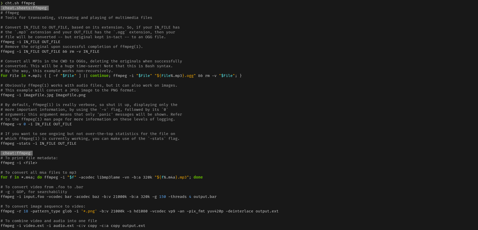 У вікні терміналу відображається результат виконання команди cheat dot SH. Він відображає вичерпні описи прикладів команд FFmpeg.