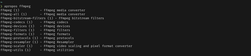 У вікні терміналу відображається результат виконання команди apropos. Зокрема, він відображає результати для запиту FFmpeg. На екрані відображається список імен довідкових сторінок, пов’язаних із FFmpeg.