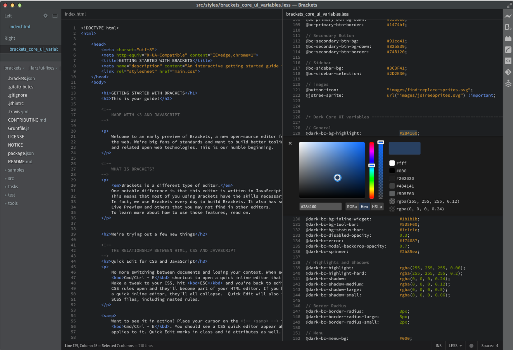 Знімок екрана Adobe Brackets, легкого інструменту веб-розробки з відкритим кодом.