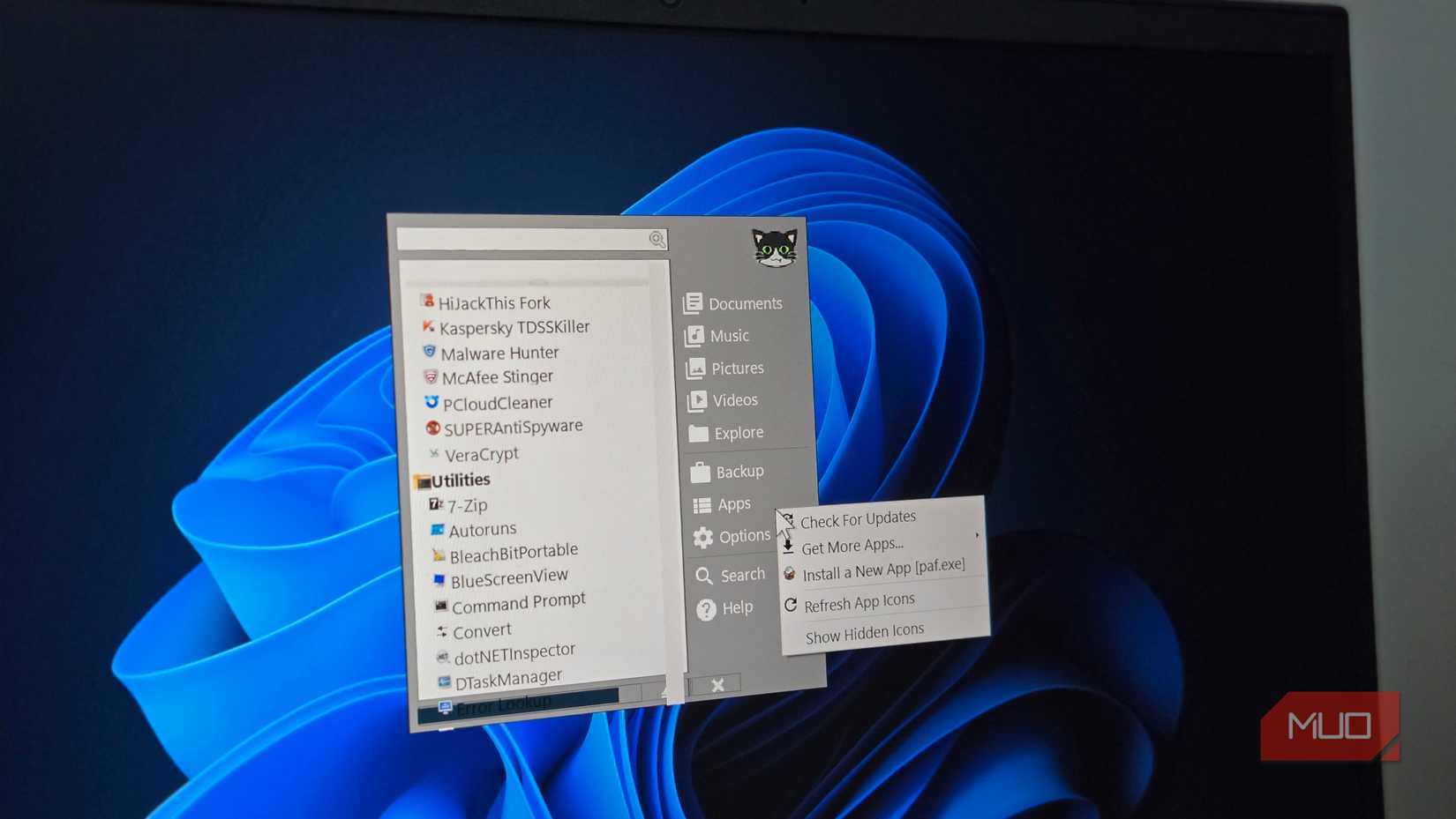 Меню PortableaPps Відкрито, що показує контекстне меню додатків у Windows 11