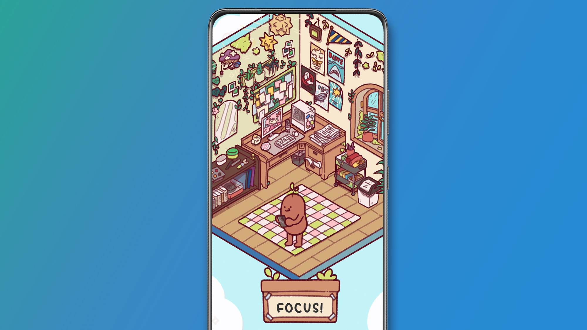 Телефон Android на зелено-блакитному фоні з програмою Focus Friend